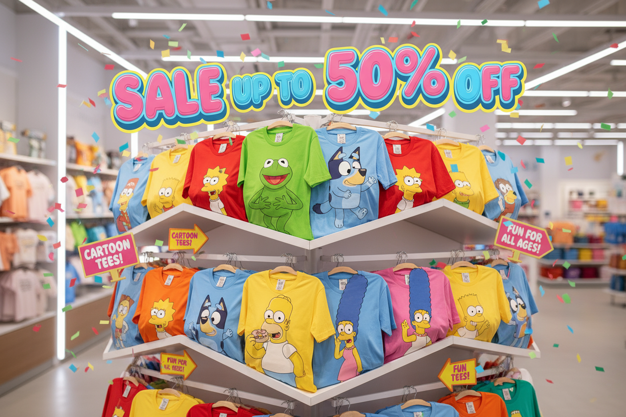 I sell cartoon character tshirts such as kermit , bluey , simpson and other major cartoon character. featured image should show sales upto 50%